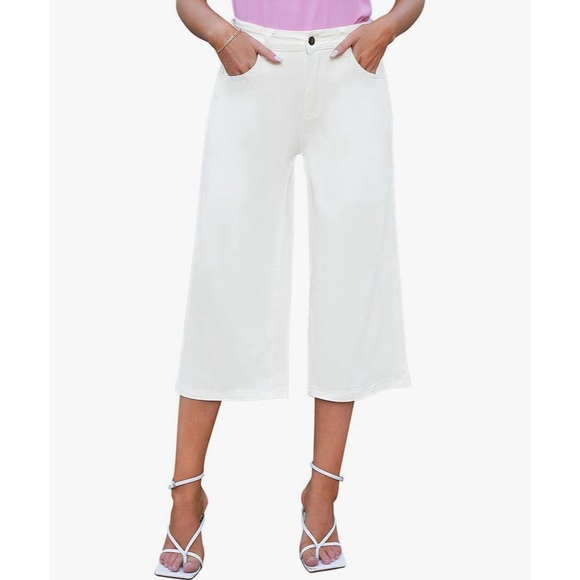 White Jean Capris Wide Leg High Waisted Jeans - Picture 1 of 11